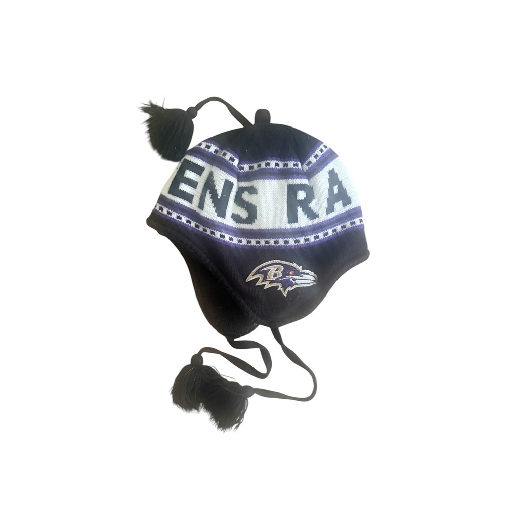 NFL Shop Baltimore Ravens Knit Earflap Hat Beanie Pom Tassels Purple Black OSFM - Picture 3 of 6